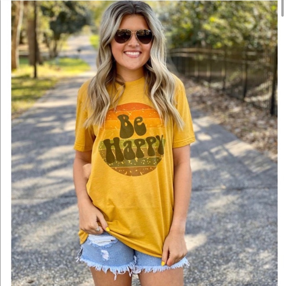 New! “Be Happy “Mustard vintage Heather Tee - Picture 4 of 7